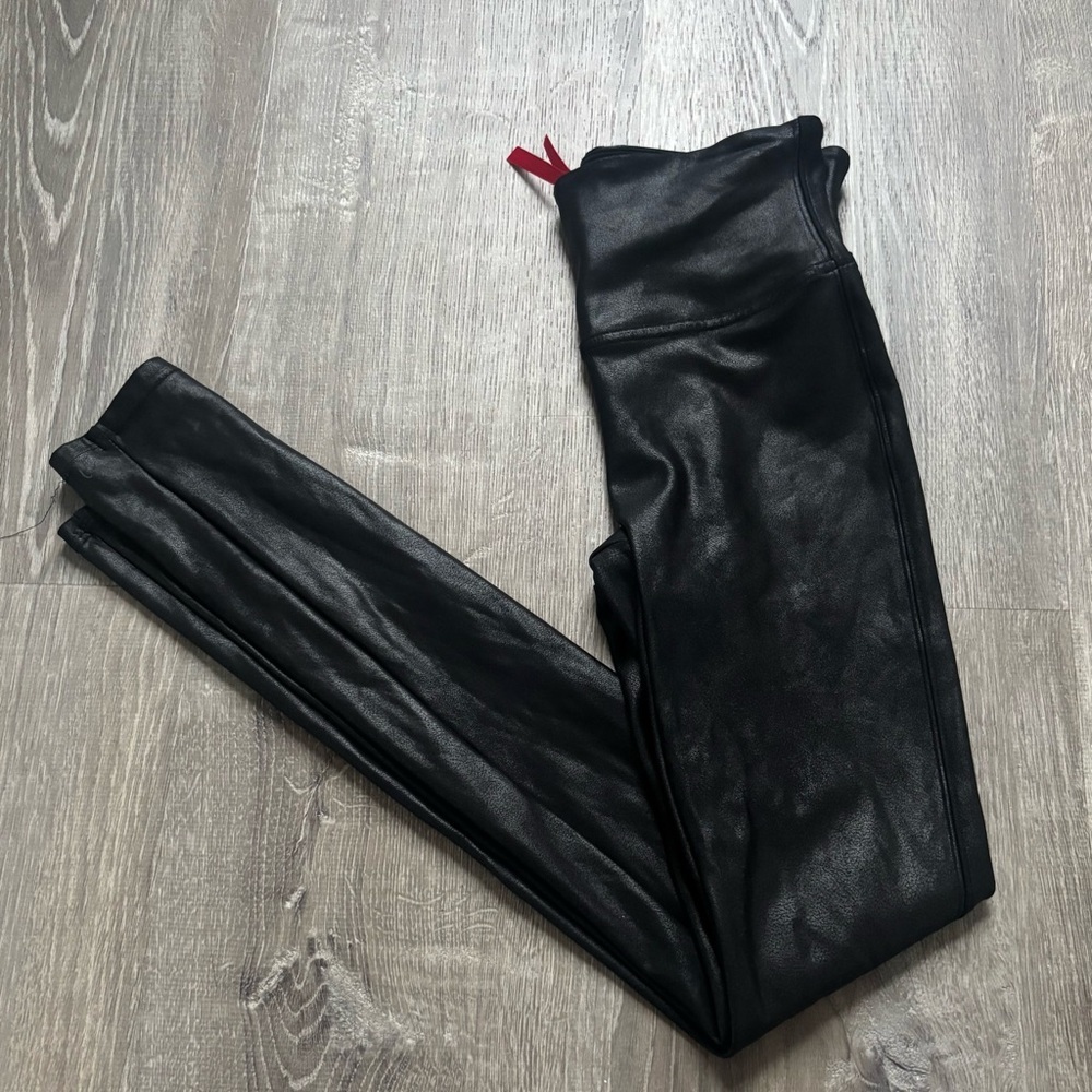 SPANX Women’s Black Faux Leather  Leggings with Red Brand Tag Size S